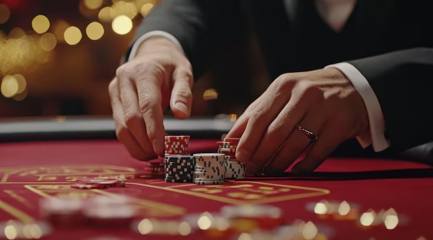 Player arranging five cards into two-card and three-card hands